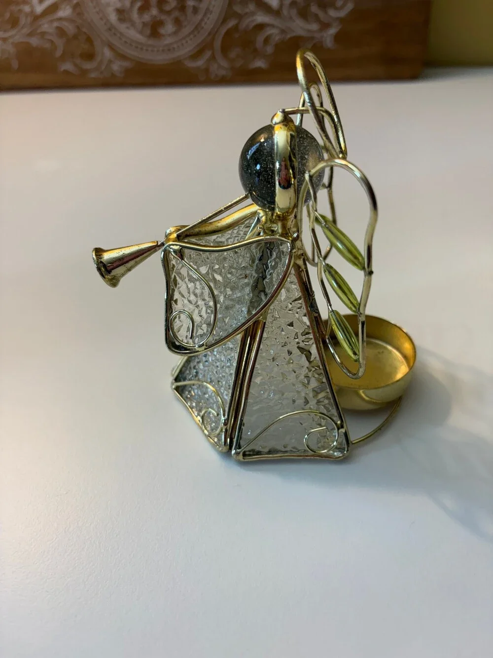Vintage Stained Glass Angel Tea Light Candle Holders Set of 2 Christmas Brass Mu